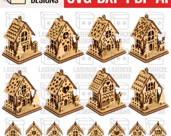 クリスマスハウスオーナメント（8スタイル） - レーザーカットファイル - SVG+DXF+PDF - Glowforgeファイル - ナイトライト