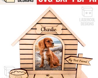 犬小屋フォトフレーム - レーザーカットファイル - SVG+DXF+PDF - Glowforgeファイル - 即時ダウンロード
