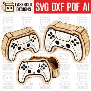 May include: Wooden game controller-shaped boxes. The boxes are light brown with white controller designs. The text "LASERCOL DESIGNS" and "SVG DXF PDF AI" are visible. The boxes are likely for storing small items.