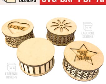 Round box (4 styles) - Laser Cut Files - SVG+DXF+PDF - Glowforge Files - Instant Download