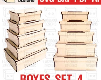 Könnte beinhalten: Zwei Sets Holzkisten mit Deckeln, hellbraun mit dunkelbraunen Verzierungen. Das Bild zeigt den Text "LASERCOL DESIGNS" und "BOXES SET 4" in Rot. Geeignet für Laserschneiden.