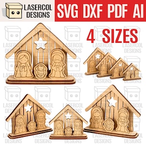 May include: Wooden nativity scene with four different sizes. Each scene features a stable with a star cutout, and figures of Mary, Joseph, and baby Jesus. The image includes the text "SVG DXF PDF AI" and "4 SIZES".