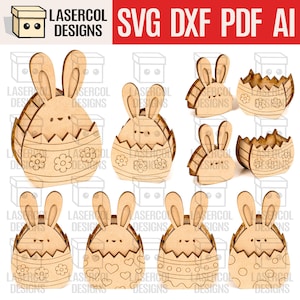 May include: A selection of laser-cut wooden Easter bunny and egg designs. The bunnies have long ears and are inside egg-shaped containers. The eggs are decorated with flowers, hearts, and other patterns. The text "LASERCOL DESIGNS" and "SVG DXF PDF AI" are visible.