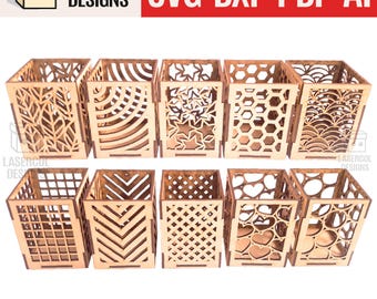 Plik z uchwytem na ołówki (dziesięć stylów) – pliki cięte laserowo – SVG+DXF+PDF – pliki Glowforge