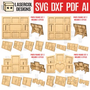 May include: A collection of laser-cut photo frames in various styles, including rectangular and heart-shaped designs. The frames are made of light brown wood and are displayed in sets. The image includes the text "LASERCOL DESIGNS" and "SVG DXF PDF AI".