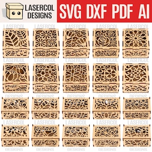 May include: A collection of laser-cut wooden boxes with various floral and leaf designs. The boxes are rectangular with hinged lids and intricate cut-out patterns. The image includes the text "LASERCOL DESIGNS SVG DXF PDF AI".