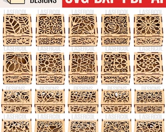 透かし彫りボックス セット 1 & 2 (2 サイズ、各セット 10 スタイル) - レーザーカット ファイル - Glowforge SVG