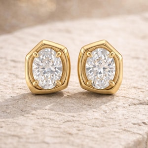 1 CT Oval Moissanite Diamond Stud Earrings, 10K Yellow Gold Bezel Frame, Push Back Lock