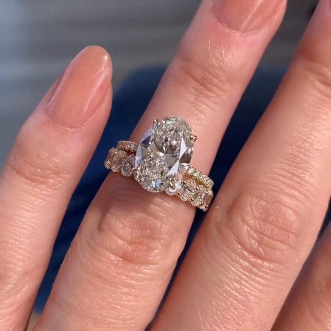 3 CT Oval Cut Moissanite Engagement Ring Set, Vintage 14K Solid Gold ...