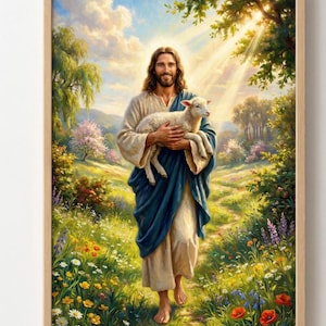 May include: A framed painting shows a figure in robes cradling a lamb in a garden setting. The figure has long brown hair and a peaceful expression. The artwork features a sunny sky, lush greenery, and colourful flowers.