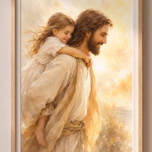 May include: A framed print depicts a man with long hair and a beard carrying a young girl on his shoulders. The artwork is rendered in soft, warm tones, with the figures in flowing robes. The background suggests a sunset or sunrise.