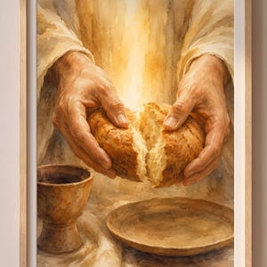 May include: A framed watercolor-style artwork depicting two hands breaking a loaf of bread. Below the bread, a ceramic chalice filled with dark liquid sits next to an empty plate on a light-colored cloth. The scene is rendered in warm, golden tones.