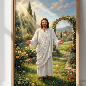 May include: A framed print of a man in a white robe with open arms, standing in a garden. The artwork features a sunny landscape with flowers, trees, and a stone pathway. The frame is made of light-colored wood.