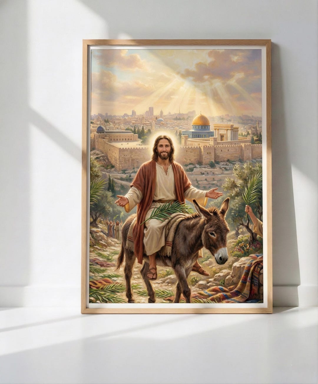 Holy Land Palm Sunday Art, Jesus Riding Donkey Print, Smiling Christ ...