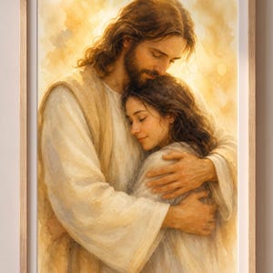 May include: Watercolor painting in a wooden frame depicts a tender embrace. A man with long brown hair and a beard embraces a woman with dark hair. Both are dressed in light-colored robes, set against a warm, golden background.
