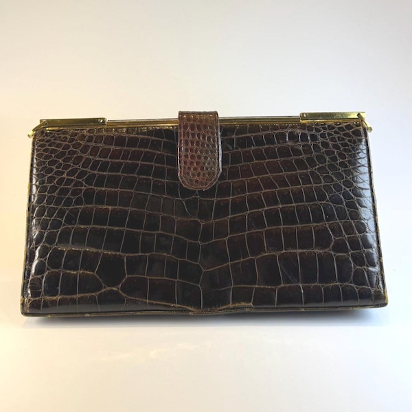 Sac à main vintage FASSBENDER en cuir embossé style croco – Made in England – Pochette élégante années 1950-60