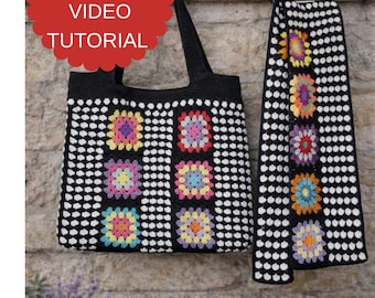 Wzór na szydełkową torbę i szalik: zestaw z motywem kwadratowym (samouczek PDF i wideo)
