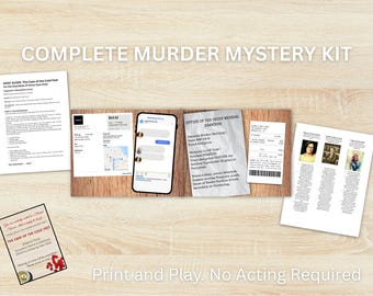 May include: A complete murder mystery kit with printed materials, including a host guide, receipts, and a smartphone displaying a chat. The kit includes the text "Print and Play. No Acting Required."
