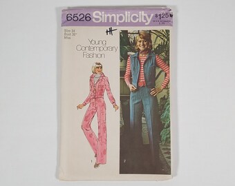 UNCUT 1970s Simplicity 6526 Sewing Pattern - Size 14, Bust 36" Misses' Unlined Jacket or Vest and Pant, Young Contemporary Fashion