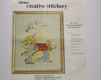 Vintage Creative Stitchery Crewel Embroidery Kit - Covered Bridge - 18" x 22" to fit 16" x 20" frame - Kit # 3771