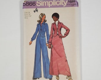 UNCUT 1970s Simplicity 5866 Sewing Pattern - Size 14, Bust 36", Waist 28" Misses' Unlined Jacket, Skirt and Pants, Hip huggers, Bell Bottoms