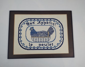 Vintage Completed French Country Kitchen Le Poulet Cross Stitch, vintage chickens, hen in nest, cottage, farmhouse, blue and white