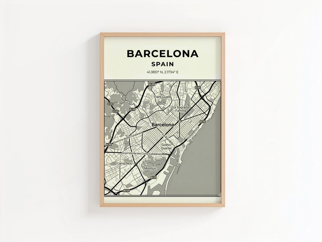 Barcelona City Map Printable Art Minimalist Travel Poster, Monochrome