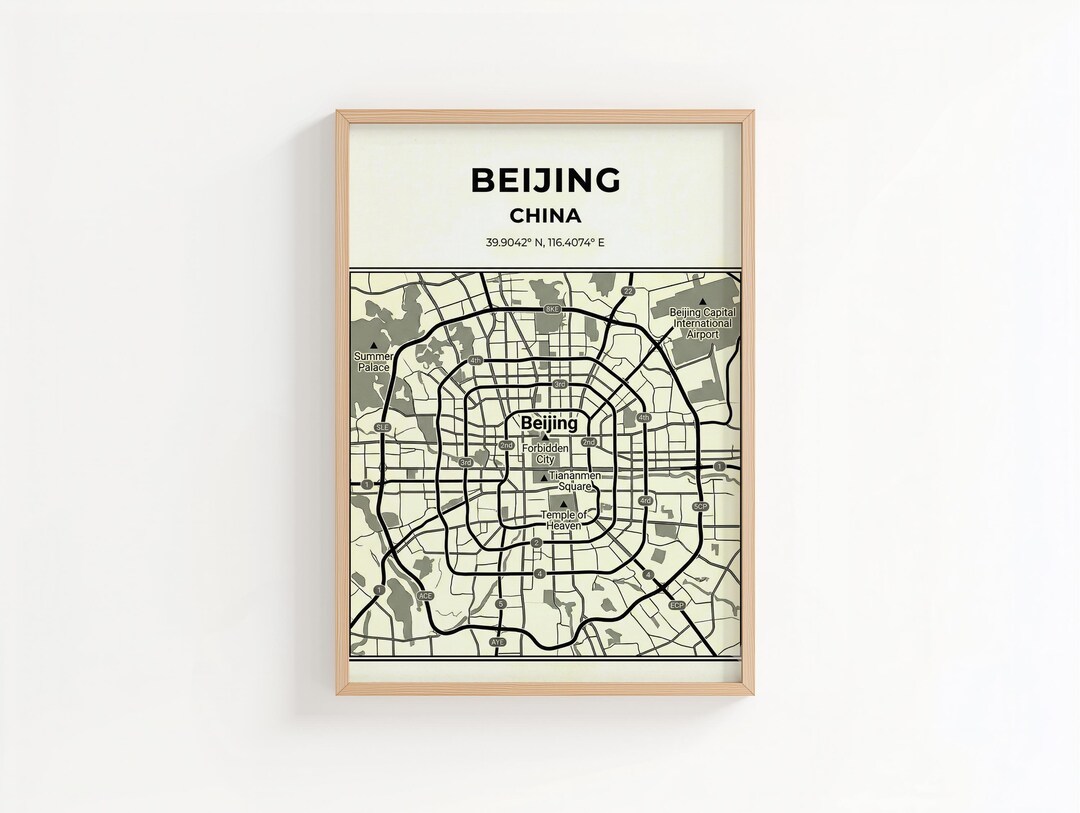 Beijing China Map Art Print - Neutral Minimalist Urban Decor (digital ...