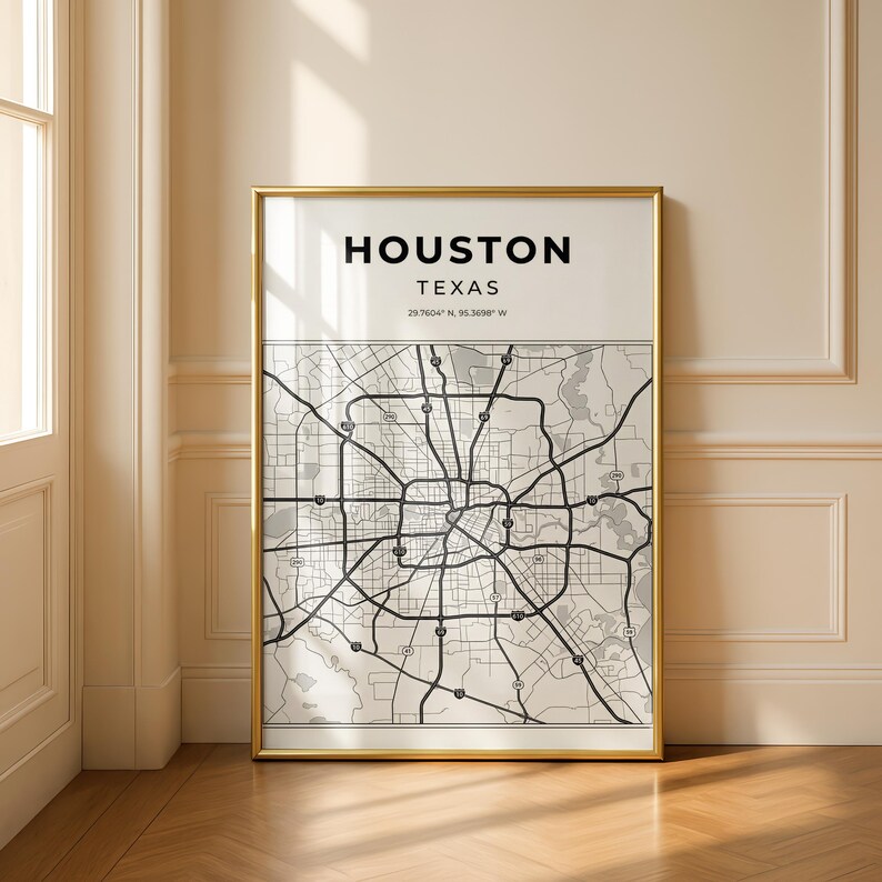 Houston City Map in Monochrome - Modern Printable Wall Art, Minimalist ...