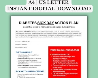 Diabetes Sick Day Action Plan | Emergency Blood Sugar Guide | Illness Management Checklist | Printable Digital Download