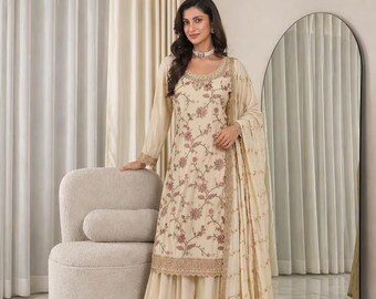 Traditionele Kurta Sharara-pakset voor dames met dupatta, Indiase etnische kleding voor bruiloften, feesten en familiegelegenheden.