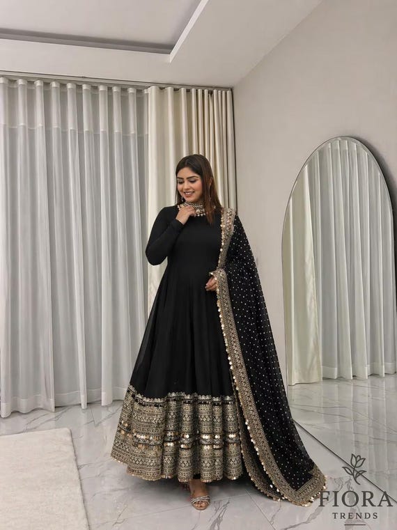 black dress with golden dupatta Elegant Anarkali Suit Heavy Sequin Border & Pant Wedding Party Festive Traditional Indian Ethnic Wear for Women black dress with contrast dupatta