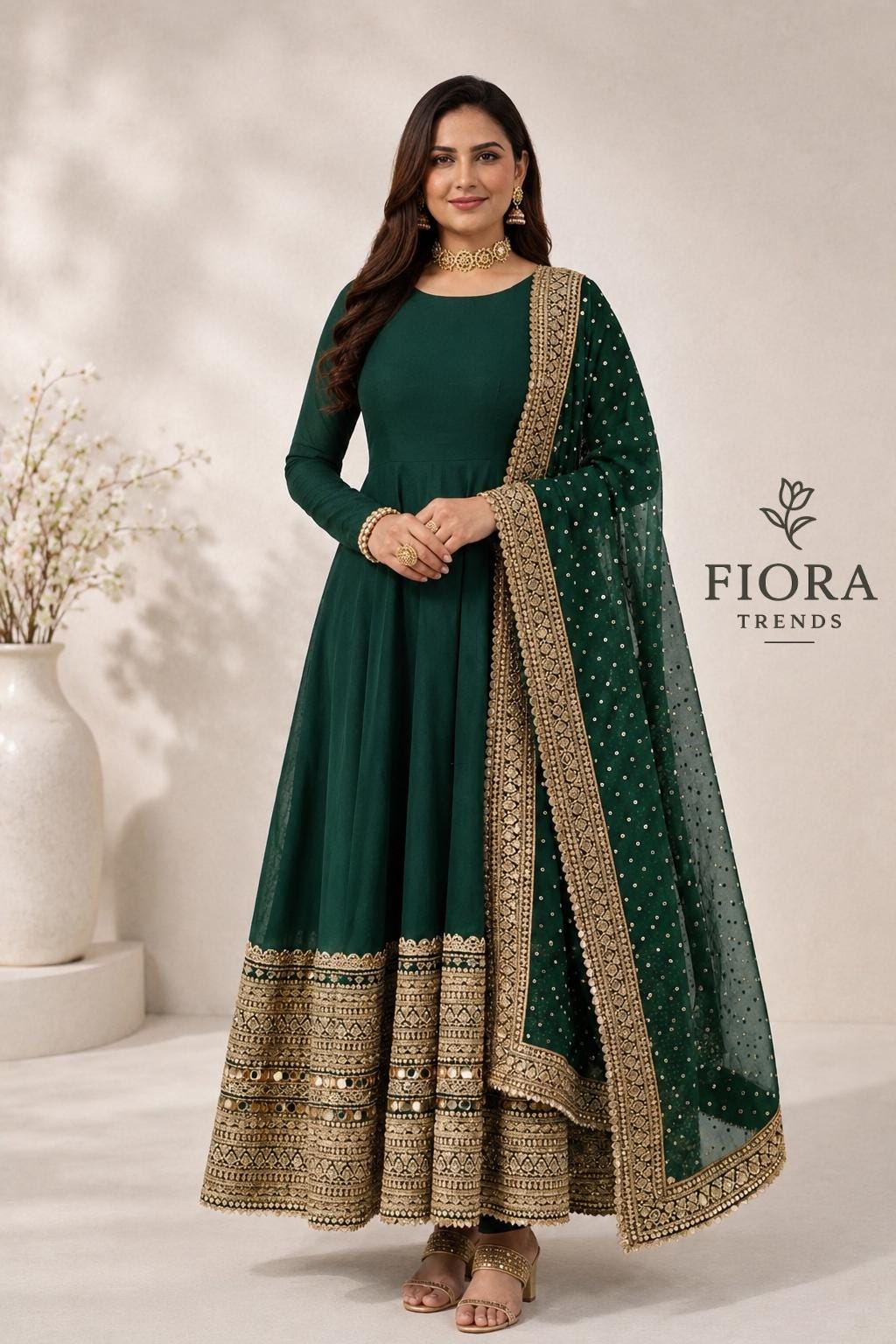 Anarkali Salwar kameez Suit with Heavy Gold Border Dupatta, Indian Wedding Wear Outfit, Traditional And Festive Ethnic Party Long Dress Set