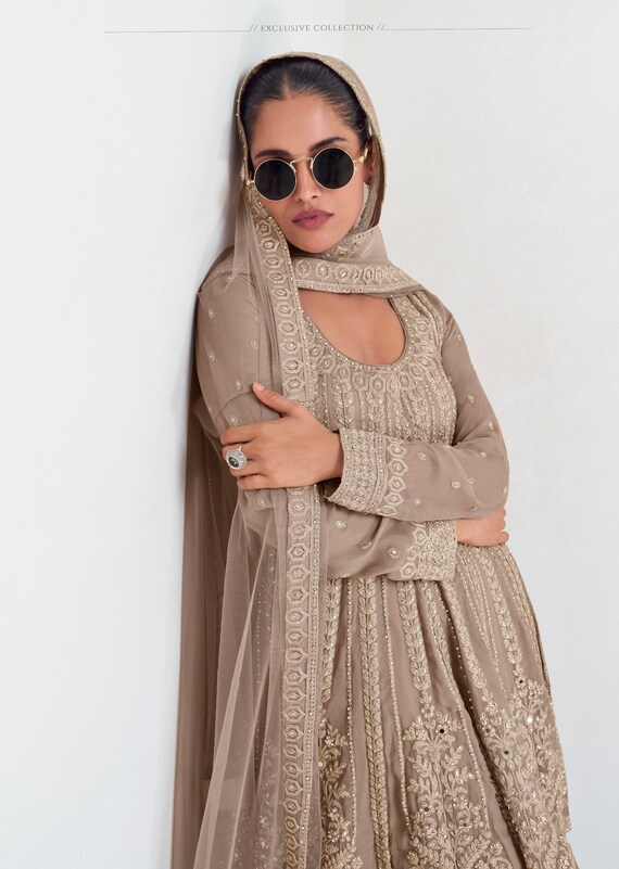 beige anarkali dress Suit Set With Heavy Embroidered Work and Soft Net Dupatta Wedding Party Festive Traditional Indian Ethnic Wear for Women Size:US14 - Preorder sophisticated charm to ethnic in_sale_section Showpo Mini LBD Dress