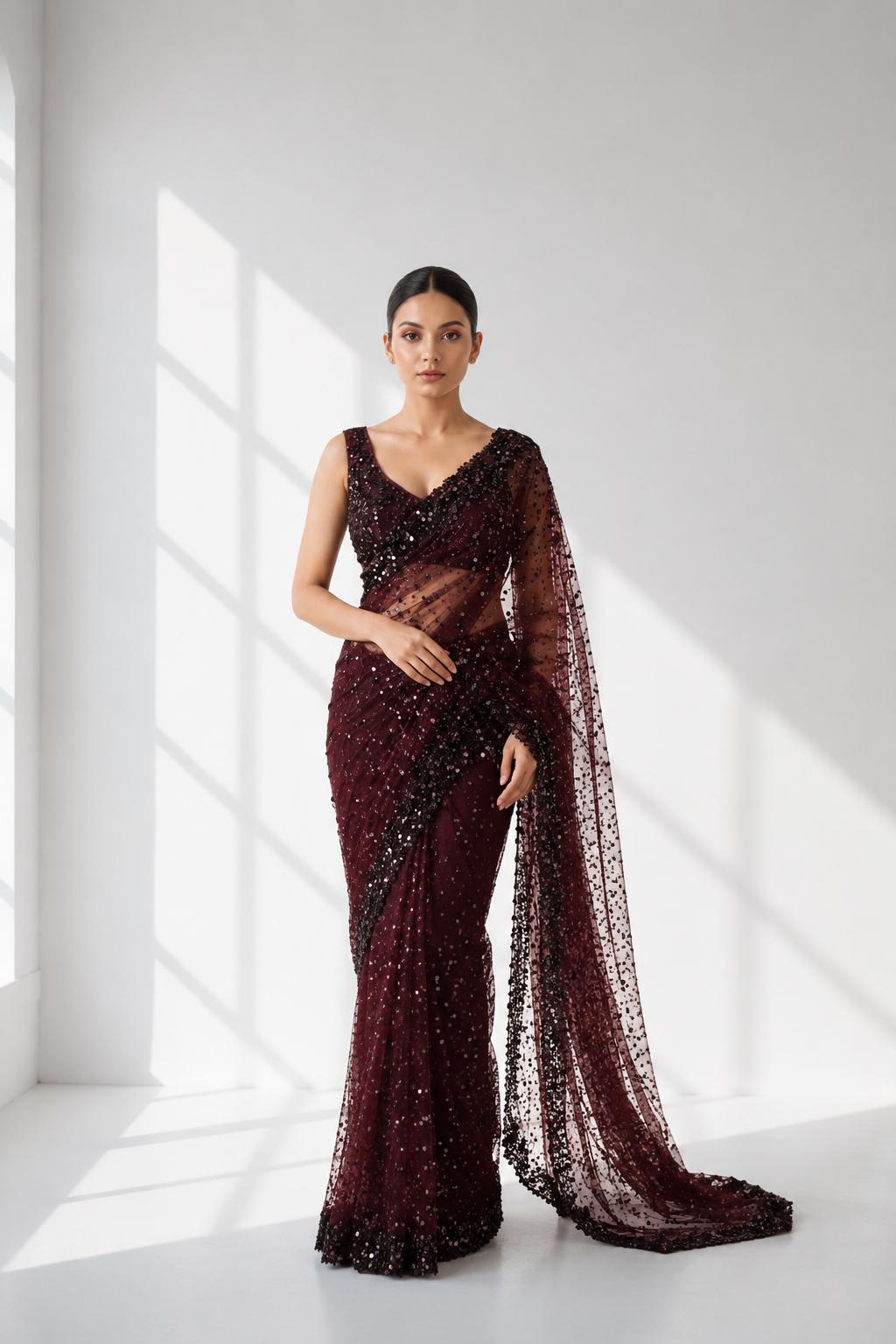 Designer Wine Sequin Saree for Women Party Wear Glitter Saree With Blouse Indian Bollywood Wedding Reception, Bridesmaid Outfit