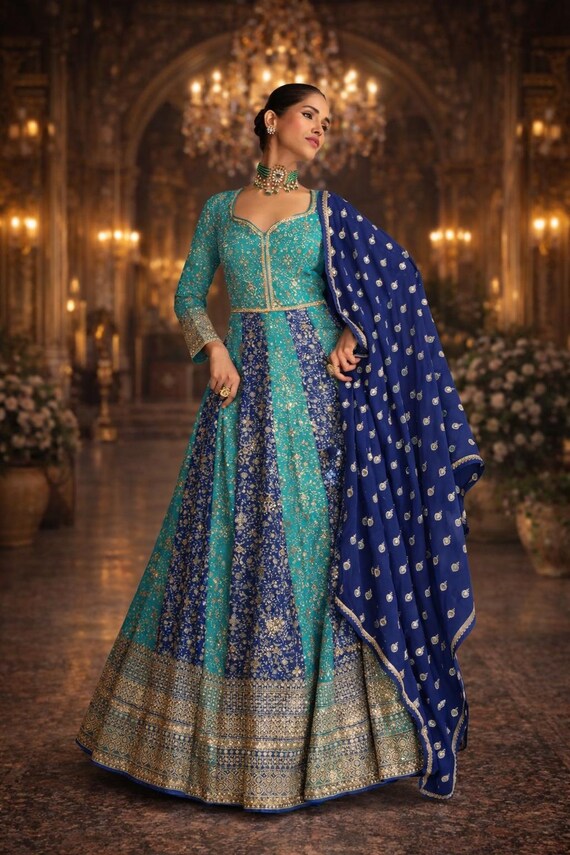 green emerald velvet dress Embroidered Elegant Chinon Anarkali Suit Set with Dupatta-13849 main image 0