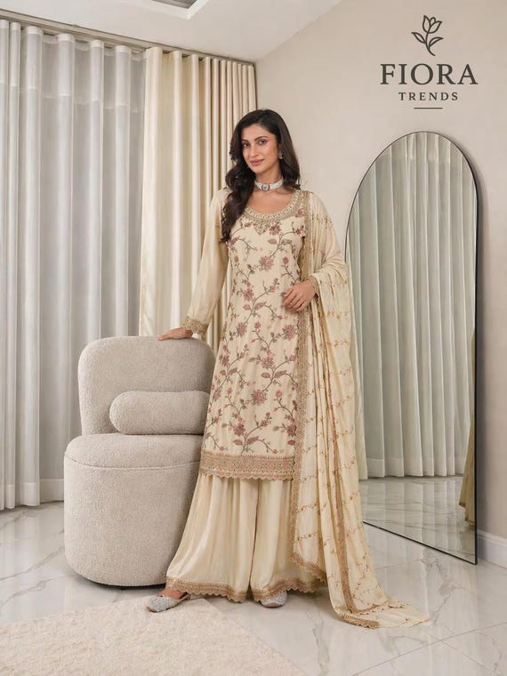 Traditional Kurta Sharara Suit Set for Women with Dupatta, Indian Ethnic Wear Outfit for Wedding Festive Party Functions & Family Occasions