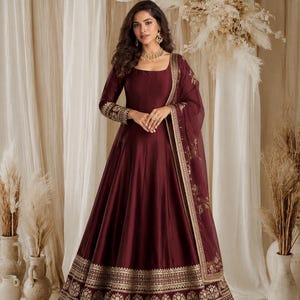 maroon and gold traditional dresses Charlotte burgundy girl gown main image 0