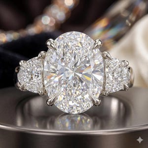 Op de afbeelding: Een platina ring met een grote ovaal geslepen diamant als middensteen, geflankeerd door twee kleinere vierkant geslepen diamanten. De zetting van de ring heeft een klassiek, elegant ontwerp dat de schittering van de diamanten benadrukt.