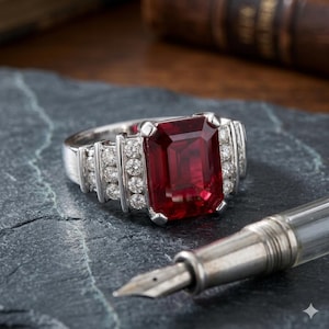 Op de afbeelding: Een zilveren ring met een grote, rechthoekige, dieprode edelsteen als middelpunt. De ring wordt geflankeerd door kleinere, ronde, heldere edelstenen. Een zilveren vulpen ligt in de buurt op een donkergrijze ondergrond.