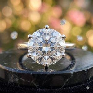 Puede incluir: Un anillo de tono plateado con una gema transparente grande de corte redondo brillante, sujeta por un engaste de seis garras. La banda es lisa y pulida, mostrando un acabado metálico reflectante que complementa la piedra facetada.