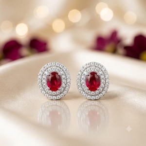Pendientes de rubí natural de talla ovalada de 5,00 quilates y diamantes / Oro blanco de 14 quilates (certificado IGL)
