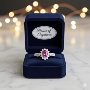 Pode incluir: Um anel com uma pedra rosa e um halo de pedras menores, em uma banda de prata, exibido em uma caixa de anel de veludo azul escuro. A caixa tem o texto "House of Crystara" na tampa interna. O fundo tem luzes quentes desfocadas.