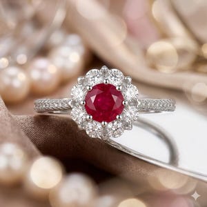 Pierścionek z naturalnym rubinem i diamentami o szlifie okrągłym o masie 1,70 ct | Zaręczynowy pierścionek z 14-karatowego białego złota (certyfikat IGL)