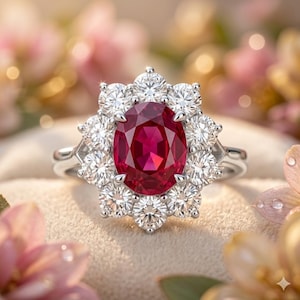 May include: A silver ring with a large, oval ruby gemstone at its centre, encircled by a halo of smaller, round diamonds. The ring is set against a soft, blurred backdrop of pink and yellow flowers.