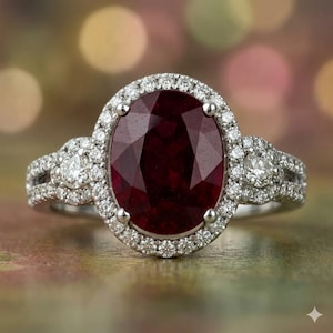 May include: A silver ring featuring a large, oval-cut, deep red ruby gemstone surrounded by a halo of small, sparkling diamonds. Additional diamonds adorn the ring's shoulders, creating a luxurious and elegant design.