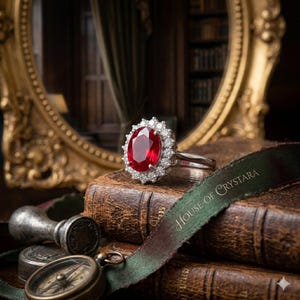 Puede incluir: Anillo de plata con un gran rubí ovalado rodeado de diamantes. El anillo descansa sobre libros antiguos con una cinta verde que dice "HOUSE OF CRYSTARA". También se ven una brújula y un sello antiguos.
