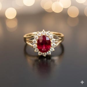 Könnte beinhalten: Ein goldener Ring mit einem großen ovalen Rubin als Mittelstein, umgeben von einem Kranz aus kleinen, runden Diamanten. Der Ring hat ein geteiltes Schaftdesign. Der Rubin hat eine tiefe rote Farbe, und die Diamanten funkeln auf dem Gold.