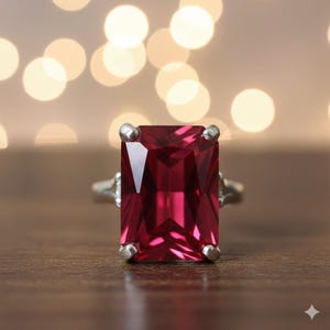 Könnte beinhalten: Ein silberner Ring mit einem großen, rechteckigen, tiefroten Edelstein. Der facettierte Edelstein ist der Mittelpunkt, gefasst in einem silbernen Band mit vier Krappen. Der Hintergrund hat weiche, unscharfe, warmtonige Bokeh-Lichter.