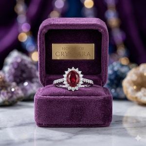 Op de afbeelding: Een ring met een ovale robijn en diamanten in een paarse fluwelen doosje. De ring heeft een grote ovale robijn, omringd door diamanten. Op het doosje staat "HOUSE OF CRYSTARA".